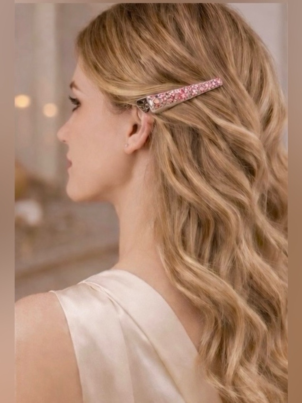 🌸Pink Floral Crystal Hair Barrette/Hinged Clip | Silver Tone Filigree Backing